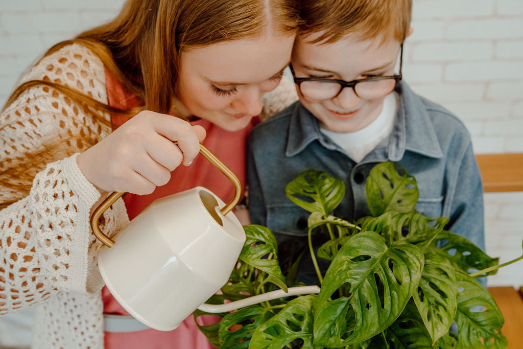 Mom and child watering indoor house plants together